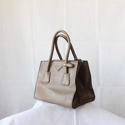 Prada Grey Leather Top Handle Khaki Bag