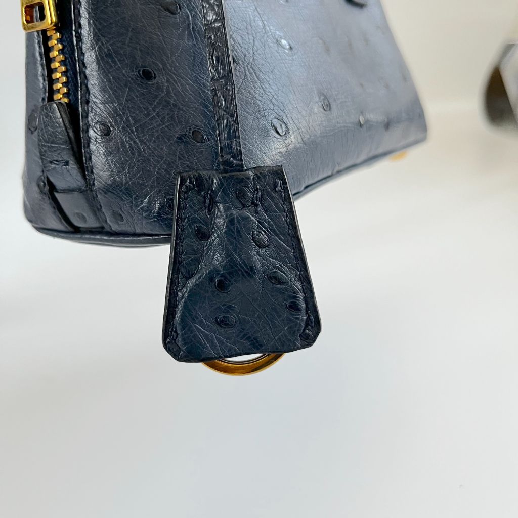Prada navy blue ostrich leather micro top handle bag