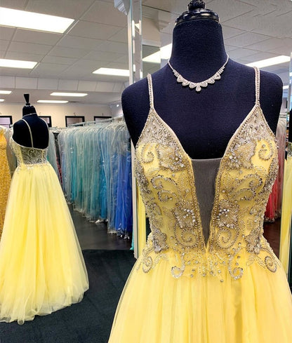 Yellow Tulle Open Back Prom Dress Spaghetti Strap V-neck Crystal Beading Long Dress KS7132