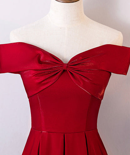 Burgundy A Line Off-the-shoulder Satin Long Prom Dress Evening Dress SH1672
