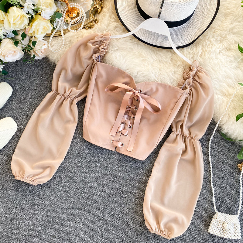 Cute lace-up tops long sleeve tops  318