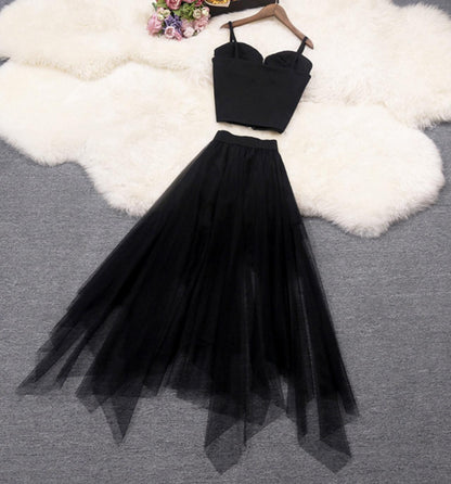 Black A line tulle two pieces dress fashion dress  680