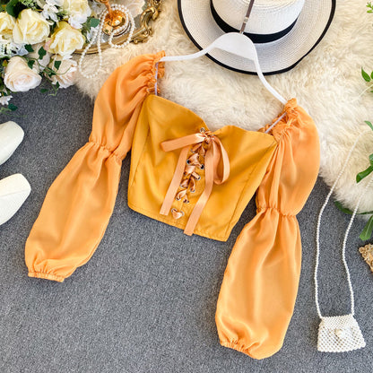 Cute lace-up tops long sleeve tops  318