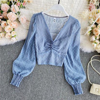 Cute v neck long sleeve crop tops  311