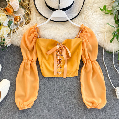 Cute lace-up tops long sleeve tops  318