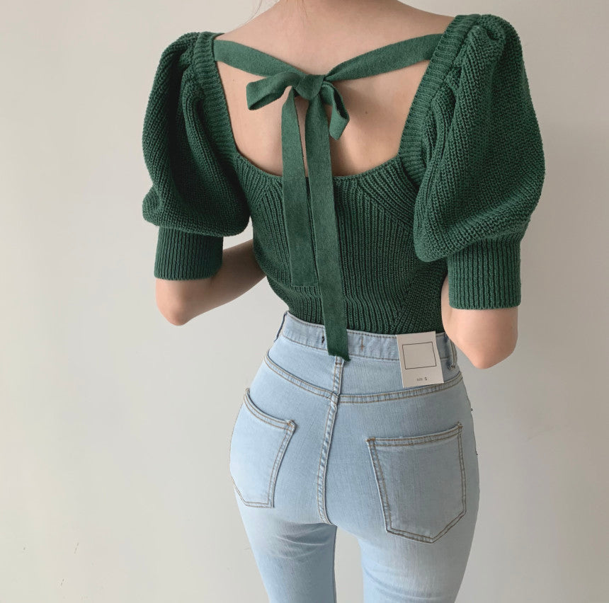 Cute knitted lace up top  310