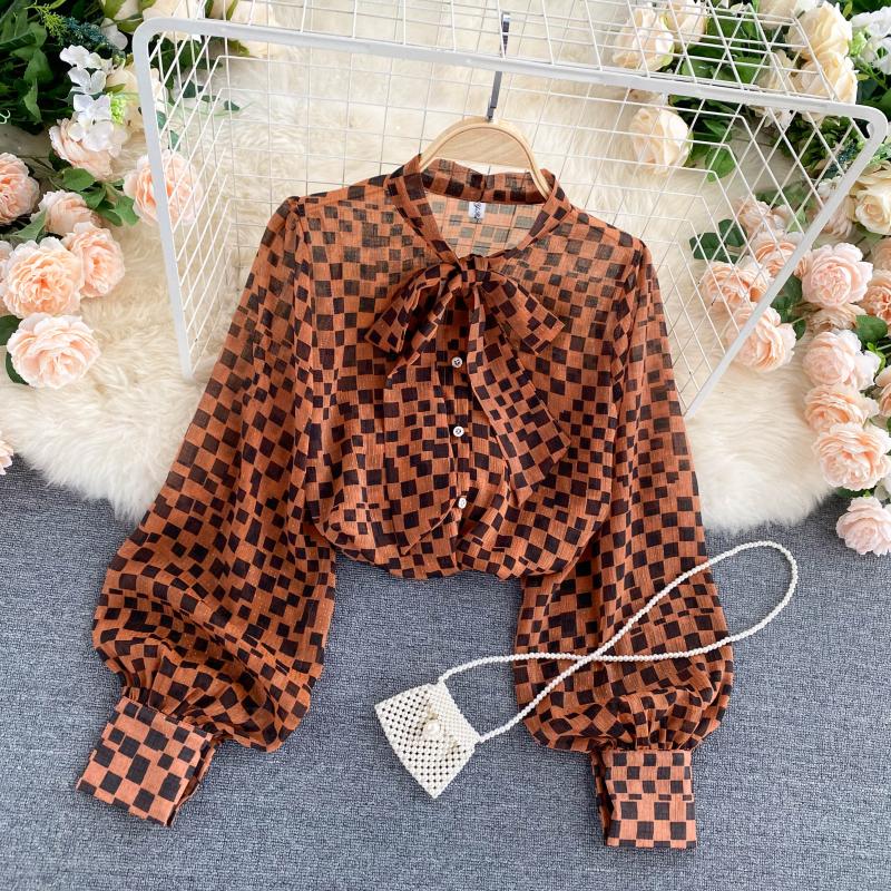 Retro bow round neck long-sleeved check chiffon shirt  316