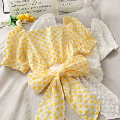 Cute V-neckline daisy top crop tops  303