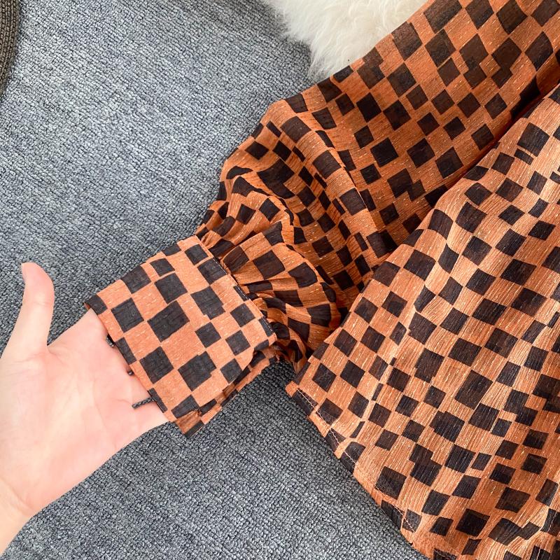 Retro bow round neck long-sleeved check chiffon shirt  316