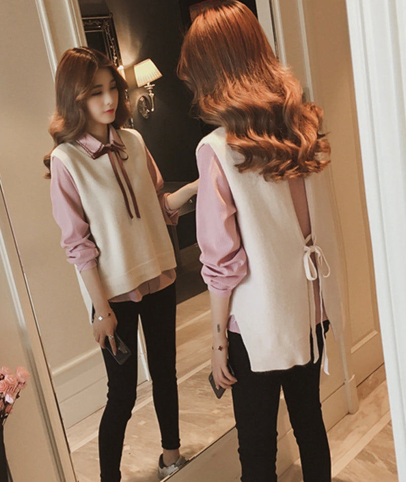 Cute sweater vest + long-sleeved striped shirt  367