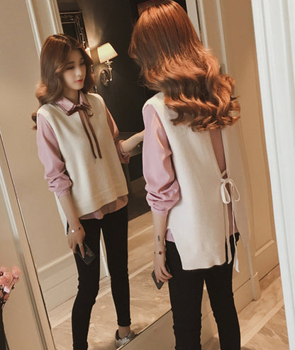 Cute sweater vest + long-sleeved striped shirt  367