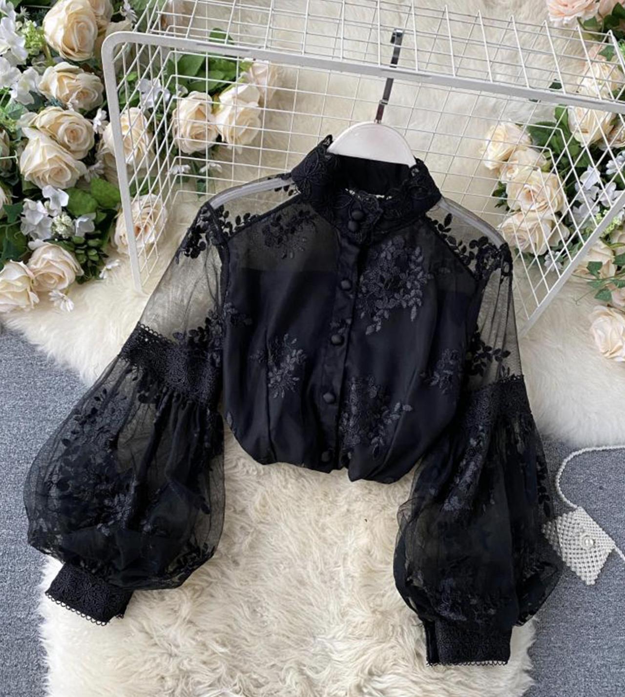 White Fashion Lace Long Sleeve Shirt Top 342