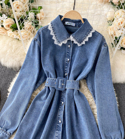 Stylish denim lace long sleeve top  357