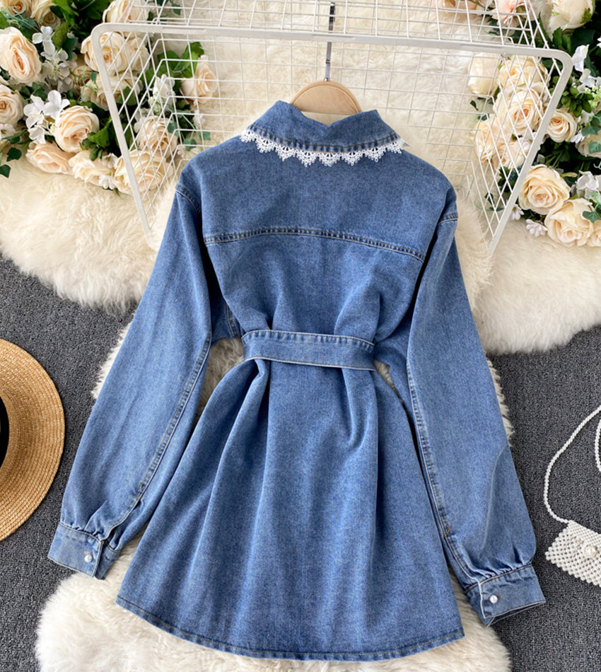 Stylish denim lace long sleeve top  357