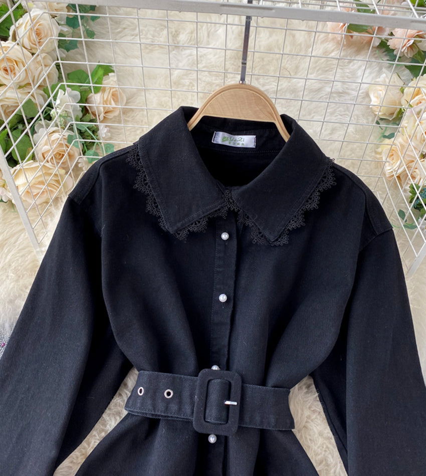 Stylish denim lace long sleeve top  357