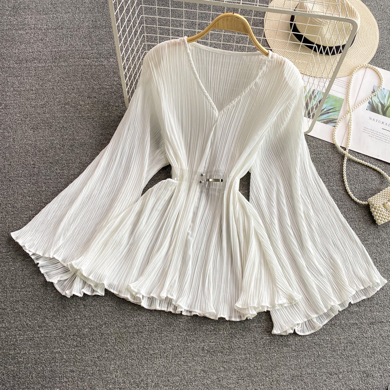 New v-neck pleated chiffon flared sleeve top  312