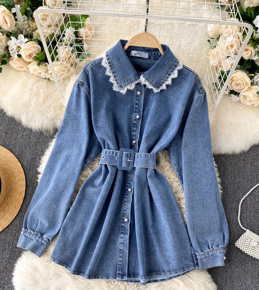 Stylish denim lace long sleeve top  357