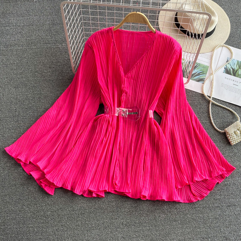 New v-neck pleated chiffon flared sleeve top  312