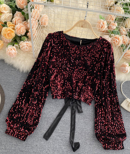 Shiny long sleeve sequins tops open back tops  368