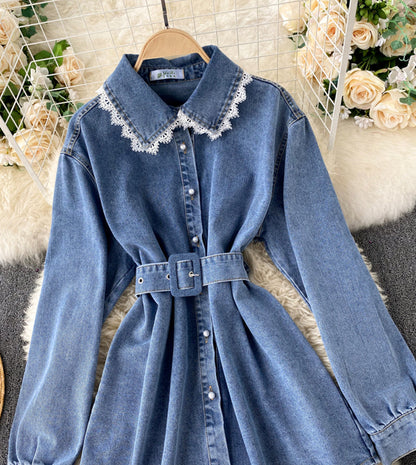 Stylish denim lace long sleeve top  357