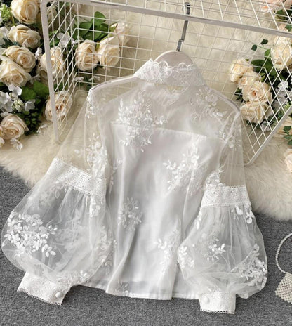 White Fashion Lace Long Sleeve Shirt Top 342