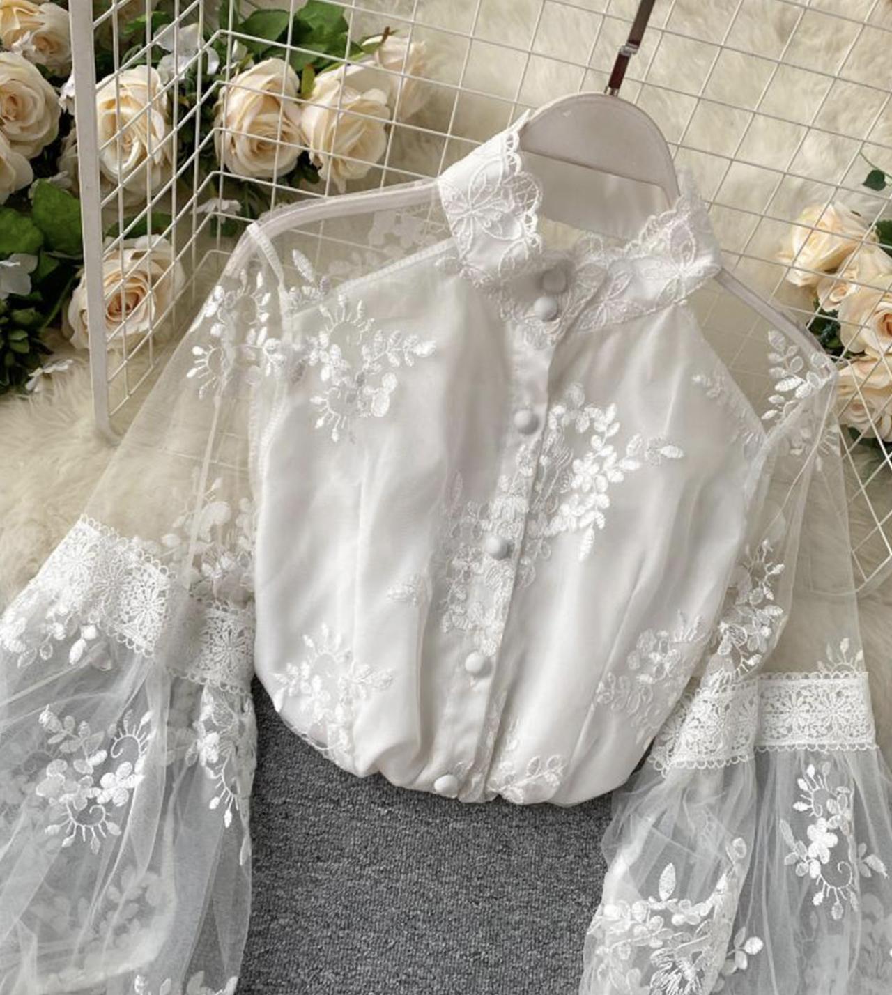 White Fashion Lace Long Sleeve Shirt Top 342