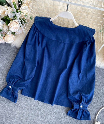 Sweet denim long-sleeved top cute blue lapel top  382
