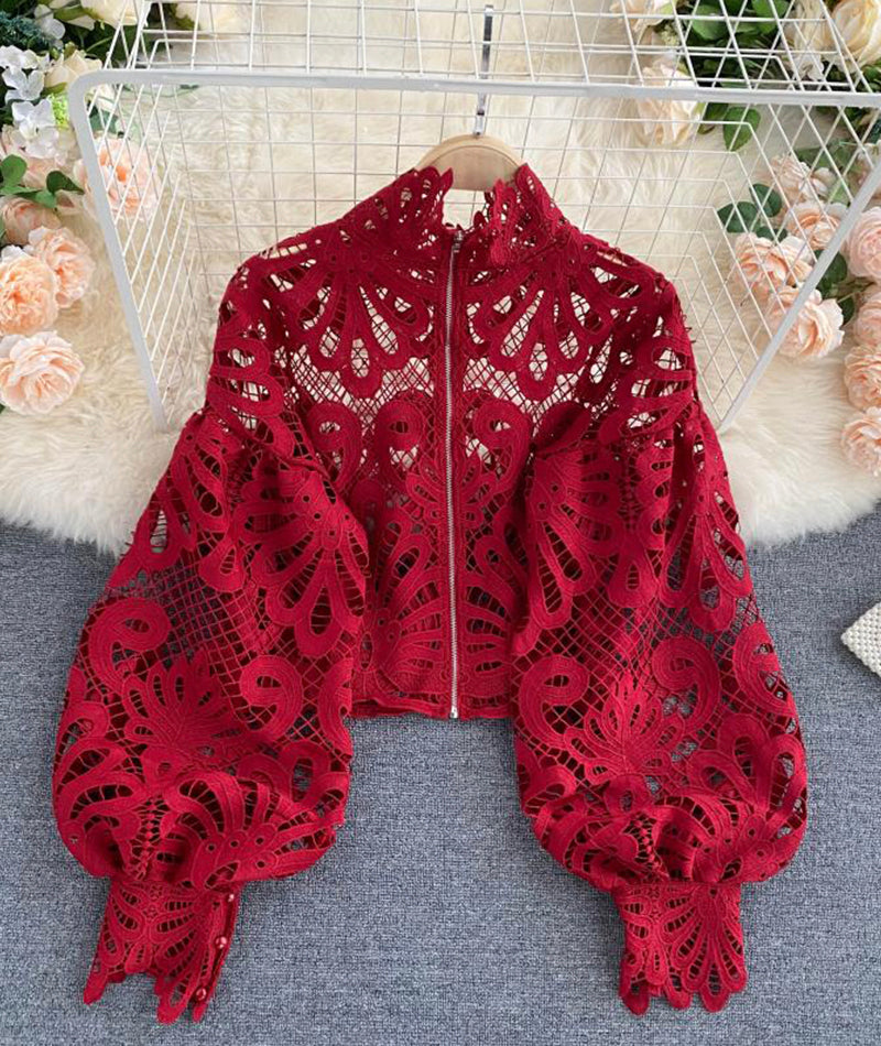 Stylish hollow lace top puff sleeve top  381