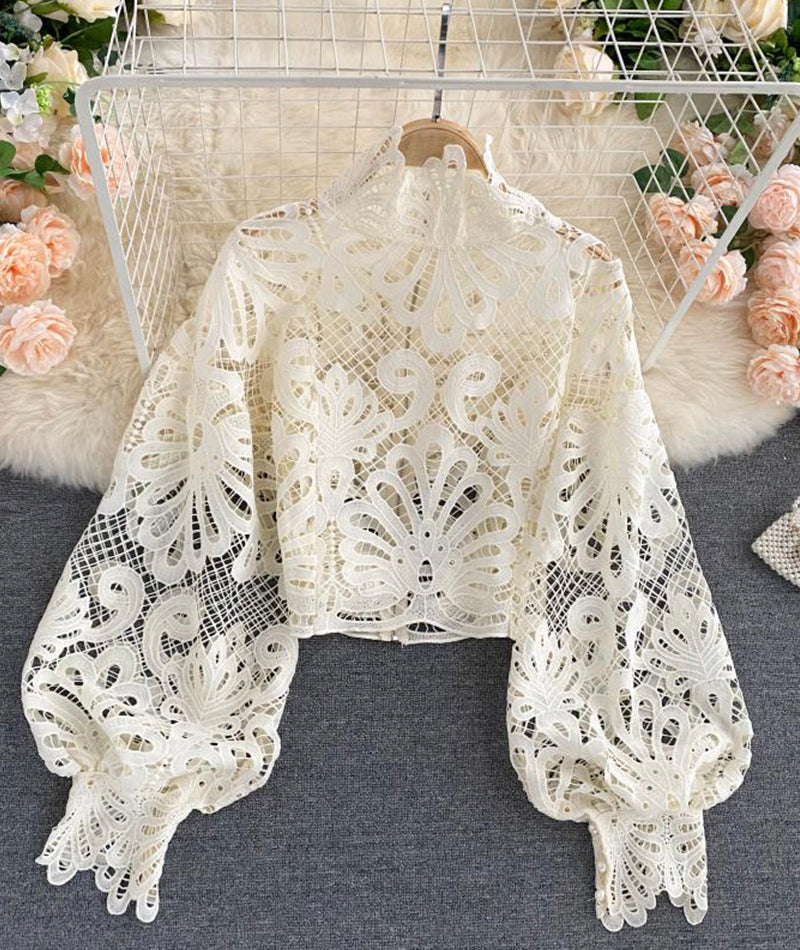 Stylish hollow lace top puff sleeve top  381