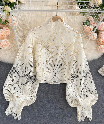 Stylish hollow lace top puff sleeve top  381