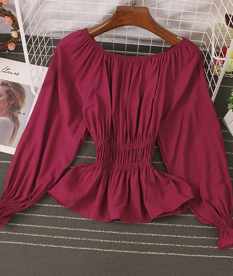 Simple long-sleeved waist top  377