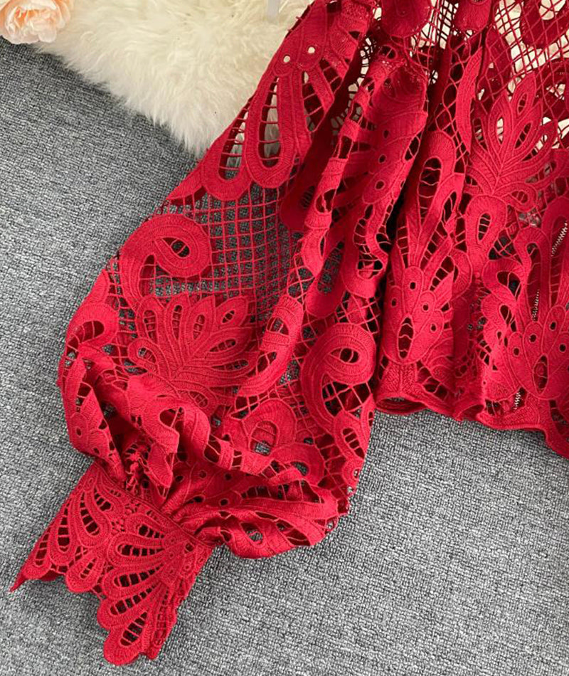 Stylish hollow lace top puff sleeve top  381