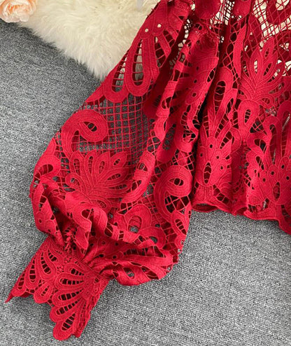 Stylish hollow lace top puff sleeve top  381