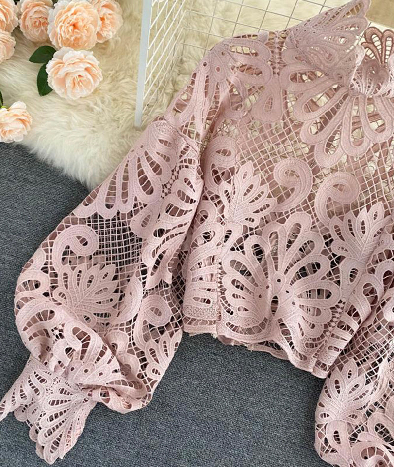 Stylish hollow lace top puff sleeve top  381