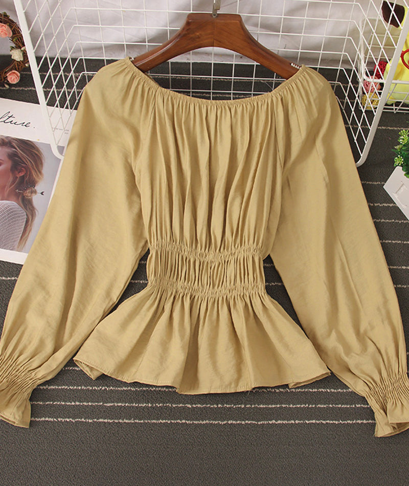 Simple long-sleeved waist top  377