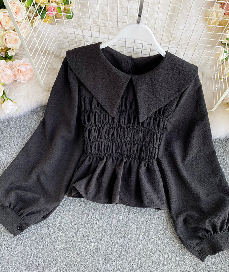 Simple long-sleeved waist top  377
