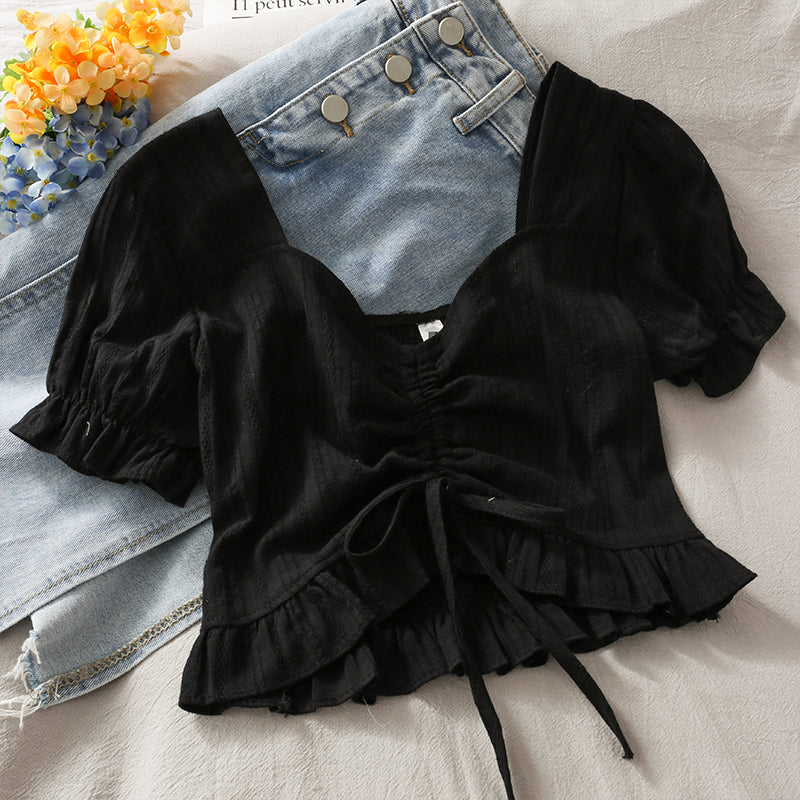Simple drawstring short sleeve crop top  292