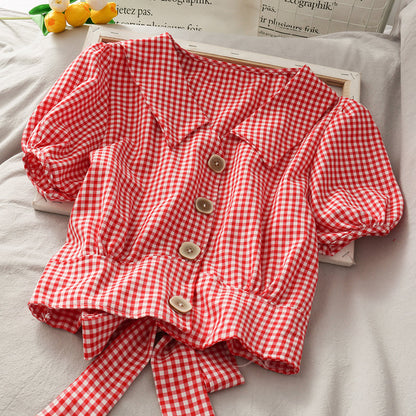 Cute Plaid Short Sleeve Top  299