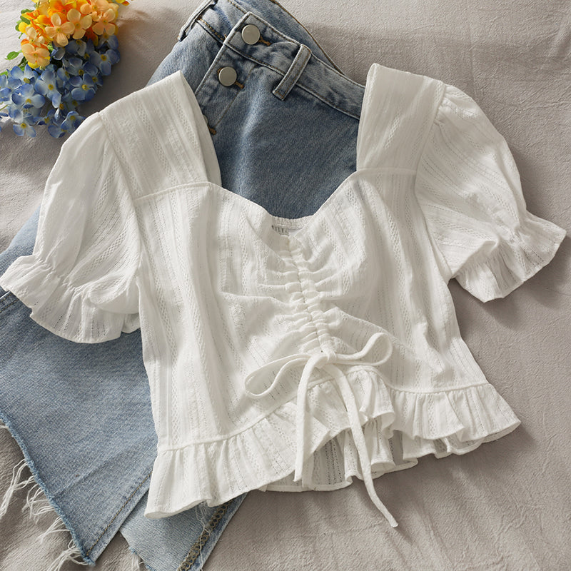 Simple drawstring short sleeve crop top  292