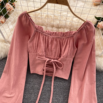Cute long sleeve lace up tops 270