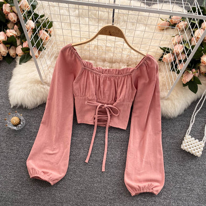 Cute long sleeve lace up tops 270