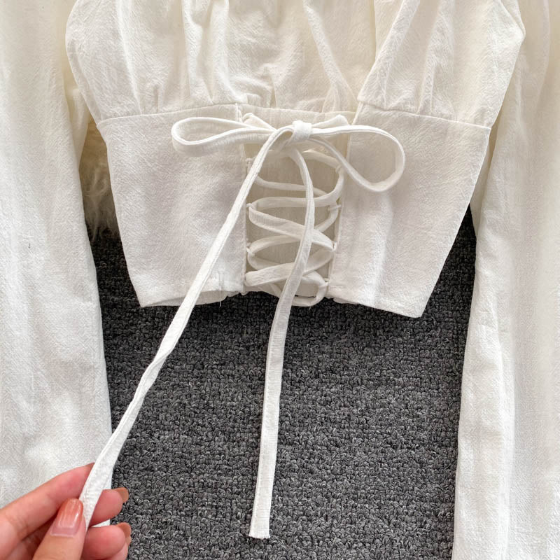 Cute long sleeve lace up tops 270