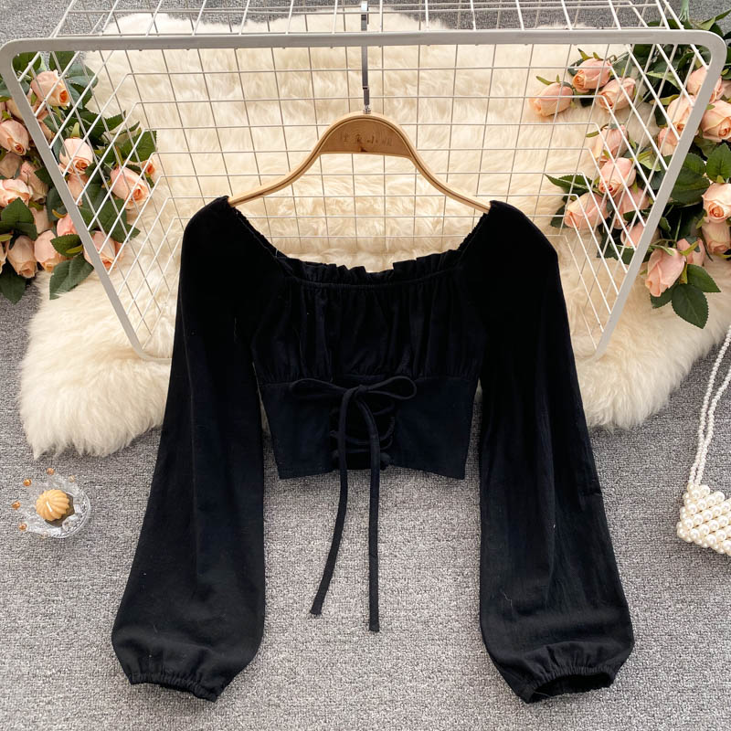 Cute long sleeve lace up tops 270