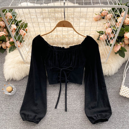 Cute long sleeve lace up tops 270