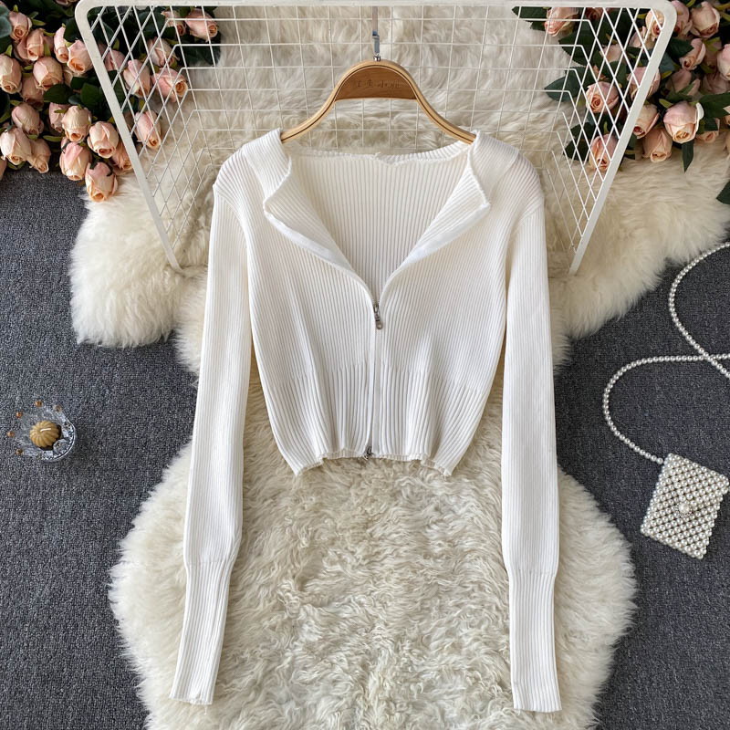 Simple striped long-sleeved hooded sweater short top  254