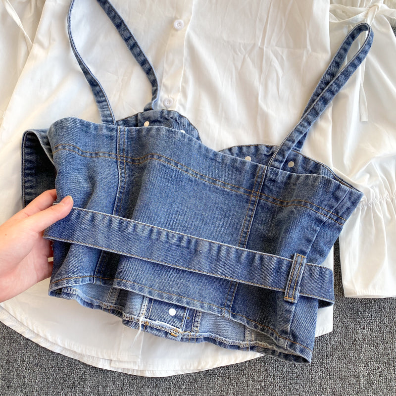 Simple shirt, puff sleeves, loose, versatile denim camisole, stacking two-piece suit  261