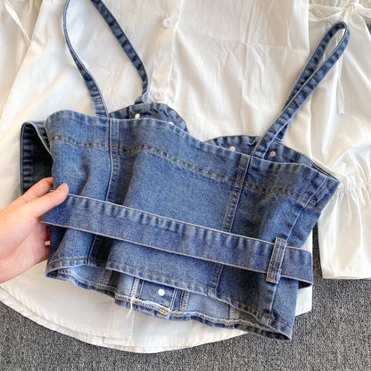 Simple shirt, puff sleeves, loose, versatile denim camisole, stacking two-piece suit  261