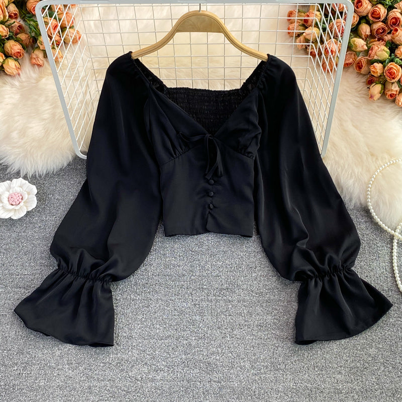 Cute v neck long sleeve tops crop tops  262