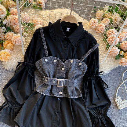 Simple shirt, puff sleeves, loose, versatile denim camisole, stacking two-piece suit  261