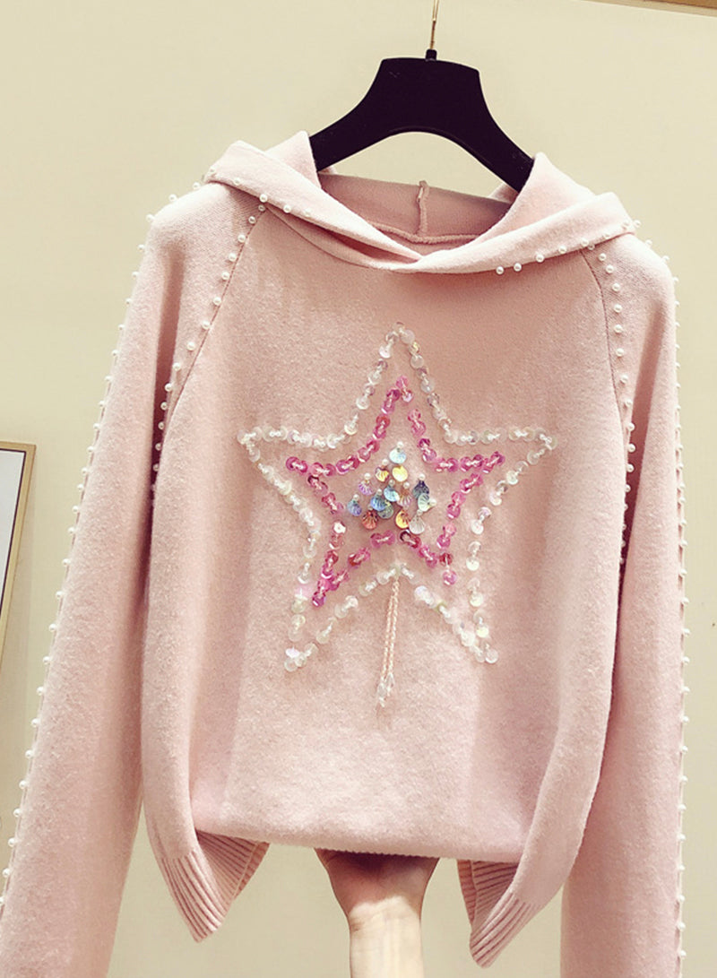 Pink long sleeve sweater round neck hooded sweater  242